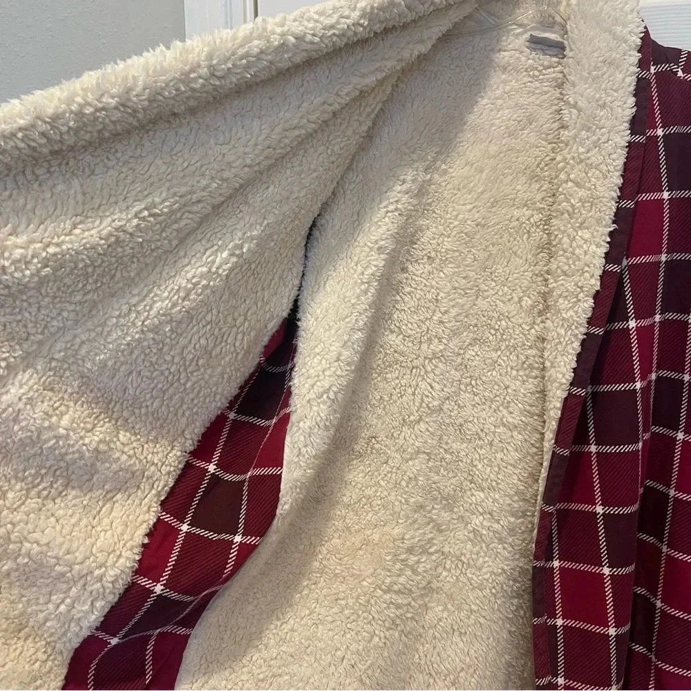 LL Bean Jacket Womens MP Red Plaid Sherpa Lined Open Pocket Collared Heavyweight